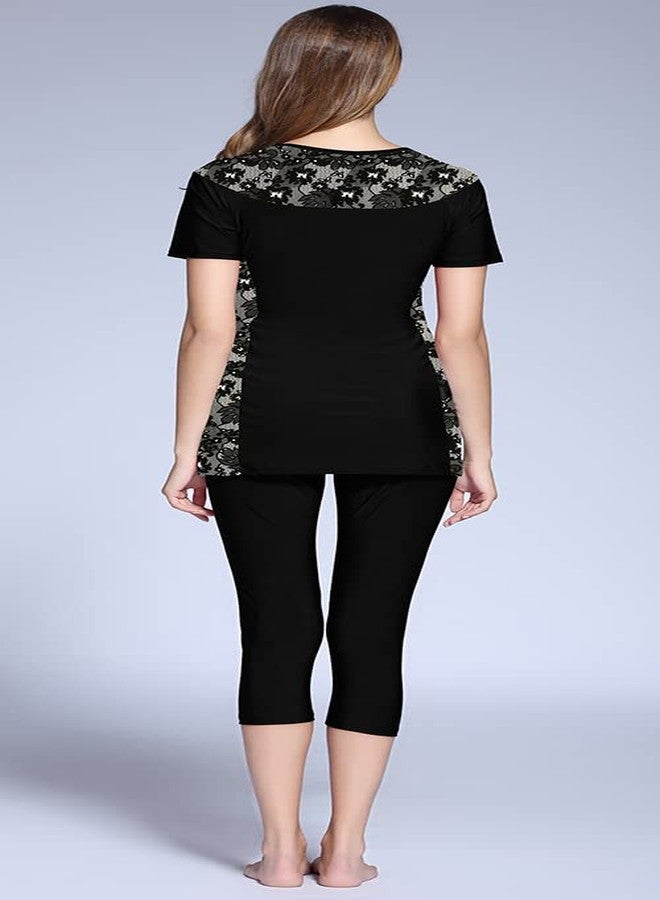 Ababalaya Womens' Color Block Moderate Cover 2 Piece Swimsuit Burkini(Tag Size M=US Size 4, Black Lace) - Image 2